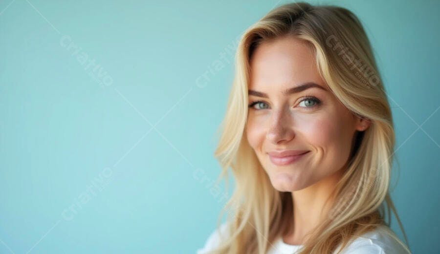 Mulher jovem loira sorrindo com olhos azuis em fundo azul claro
