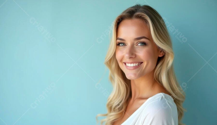 Mulher loira sorrindo feliz com olhos azuis em fundo azul turquesa
