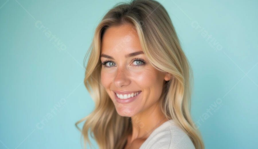 Mulher loira sorrindo com olhos azuis em fundo azul claro