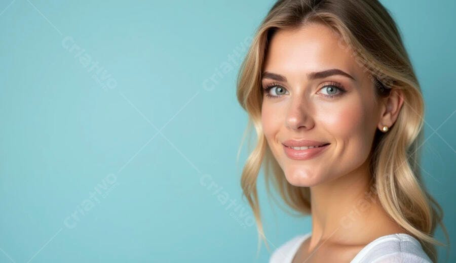 Mulher jovem loira sorridente com olhos azuis em fundo azul claro