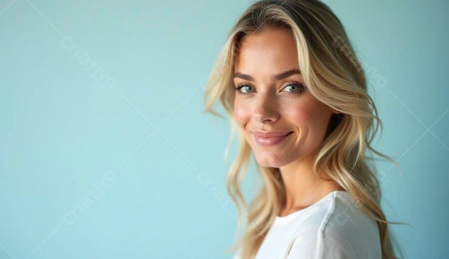 Mulher loira sorrindo com olhos verdes em fundo azul claro