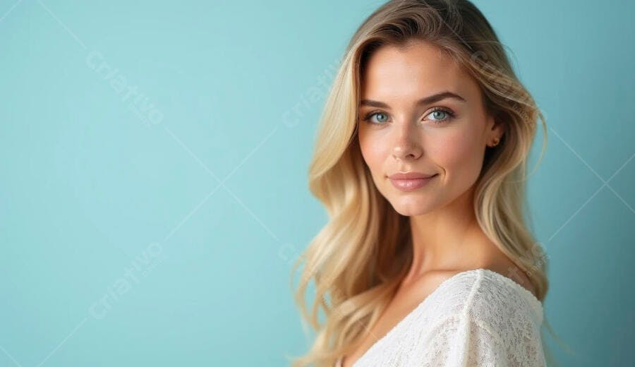 Mulher caucasiana loira de olhos azuis sorrindo gentilmente em fundo azul