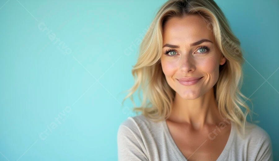 Mulher loira caucasiana sorrindo com olhos azuis em fundo azul-turquesa