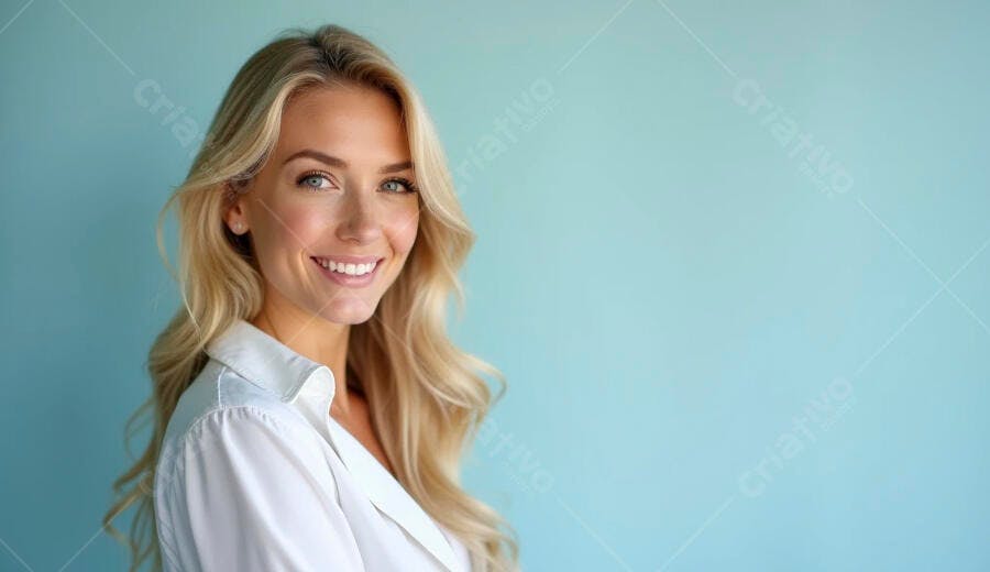 Mulher loira sorrindo confiante com olhos azuis e camisa branca em fundo azul