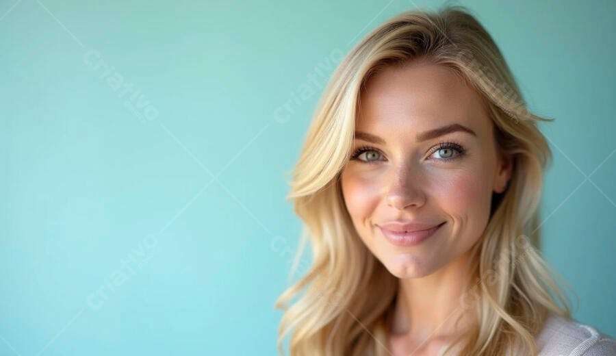 Mulher loira sorrindo feliz com olhos azuis em fundo azul claro