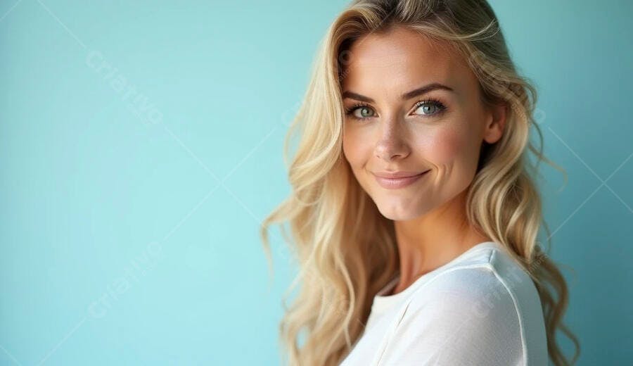 Mulher loira caucasiana sorrindo com olhos azuis em fundo turquesa