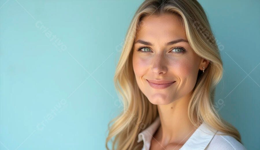 Mulher loira de olhos azuis sorrindo em estúdio azul claro