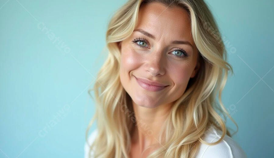Mulher loira de olhos azuis sorrindo com expressão feliz em fundo azul aquamarino