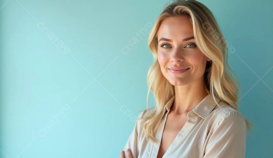 Mulher loira profissional de olhos azuis sorrindo com braços cruzados fundo azul claro
