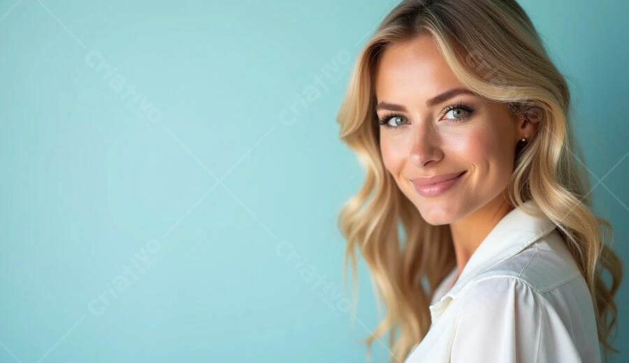 Mulher loira caucasiana sorrindo em camisa branca fundo azul turquesa vibrante