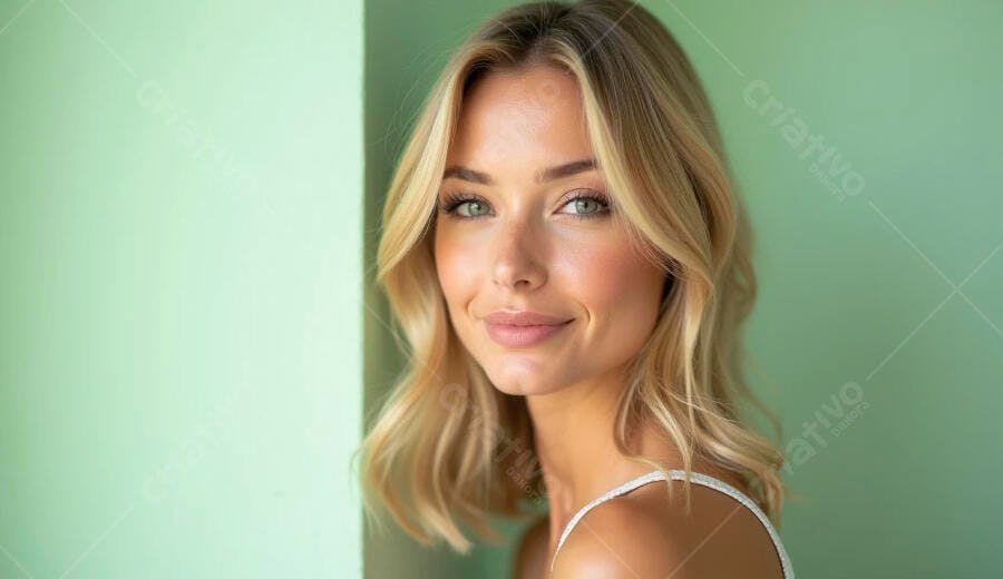Mulher jovem loira sorrindo com olhos verdes em fundo verde claro