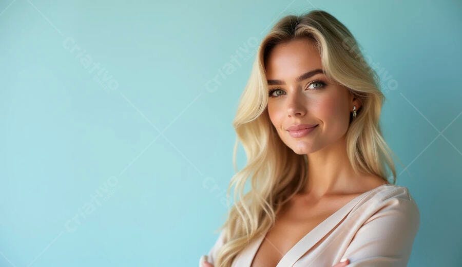 Mulher loira com olhos verdes sorrindo gentilmente em fundo azul claro