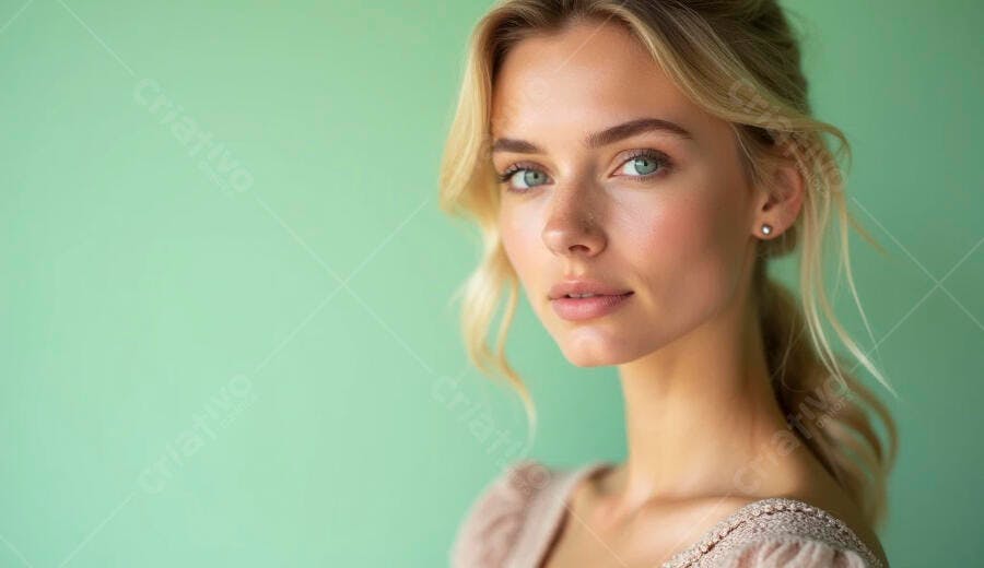 Mulher loira jovem retrato natural olhos azuis pele clara fundo verde menta