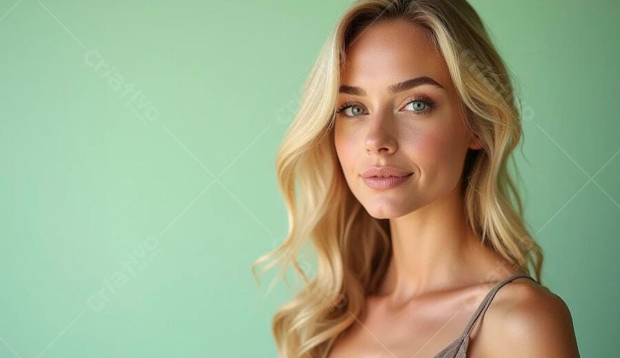 Mulher loira de olhos verdes sorrindo com fundo verde menta