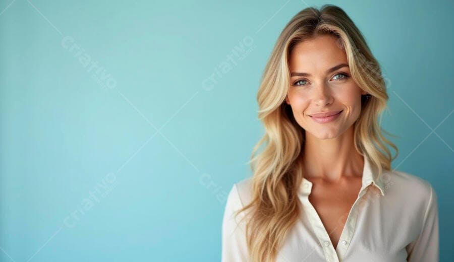 Mulher loira profissional sorrindo com olhos azuis e camisa clara em fundo teal