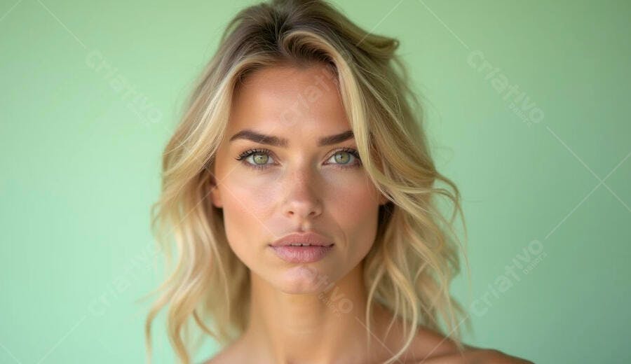 Mulher loira de olhos verdes com cabelo ondulado em fundo verde menta