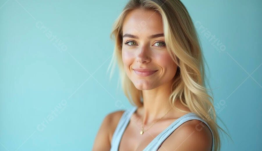 Mulher jovem loira de olhos verdes sorrindo em fundo azul claro