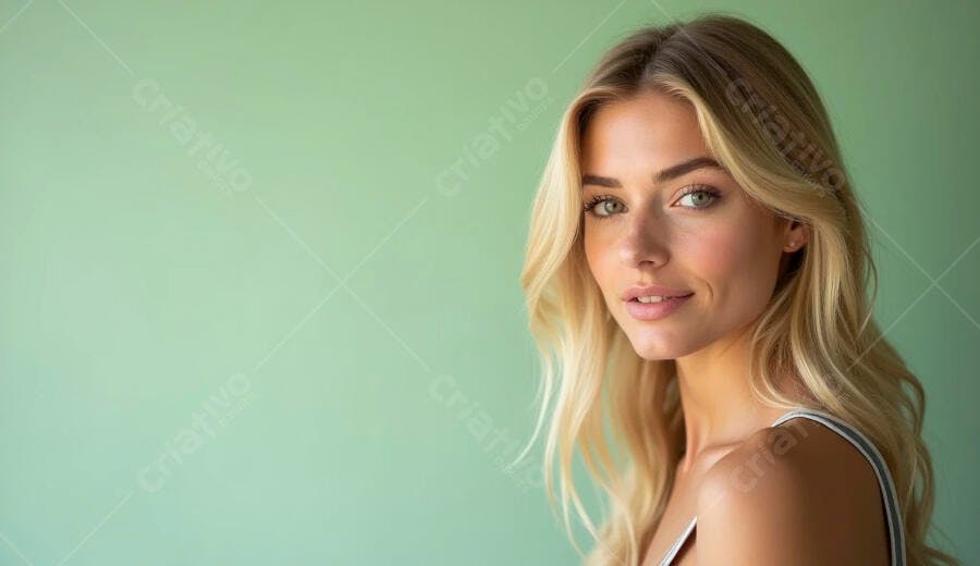 Mulher loira jovem com olhos verdes e sorriso sutil em fundo verde menta