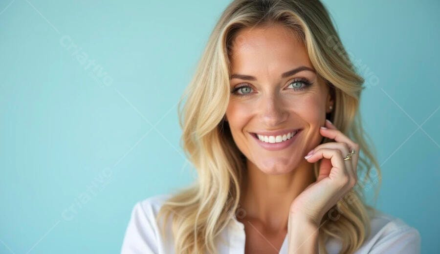 Mulher loira sorridente com olhos azuis e camisa branca em fundo azul