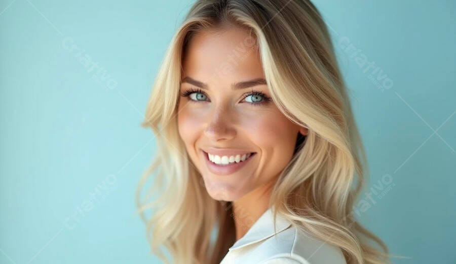 Mulher loira caucasiana sorrindo feliz com cabelo longo e olhos azuis em fundo azul