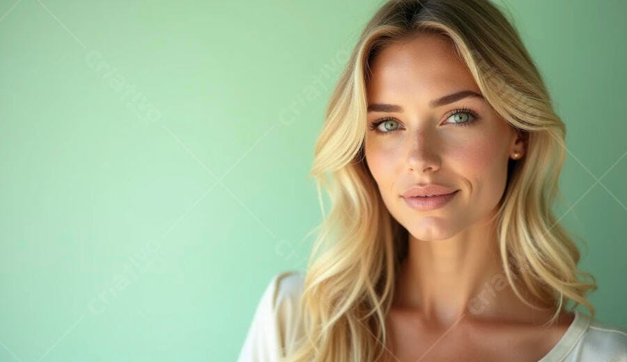 Mulher loira caucasiana sorrindo com olhos verdes em fundo verde menta