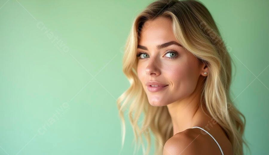 Mulher loira jovem com olhos verdes sorrindo em um fundo verde menta