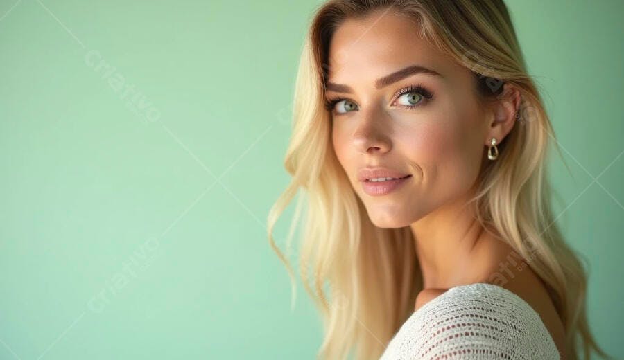 Mulher loira jovem com olhos verdes e suéter branco sorrindo em fundo verde menta