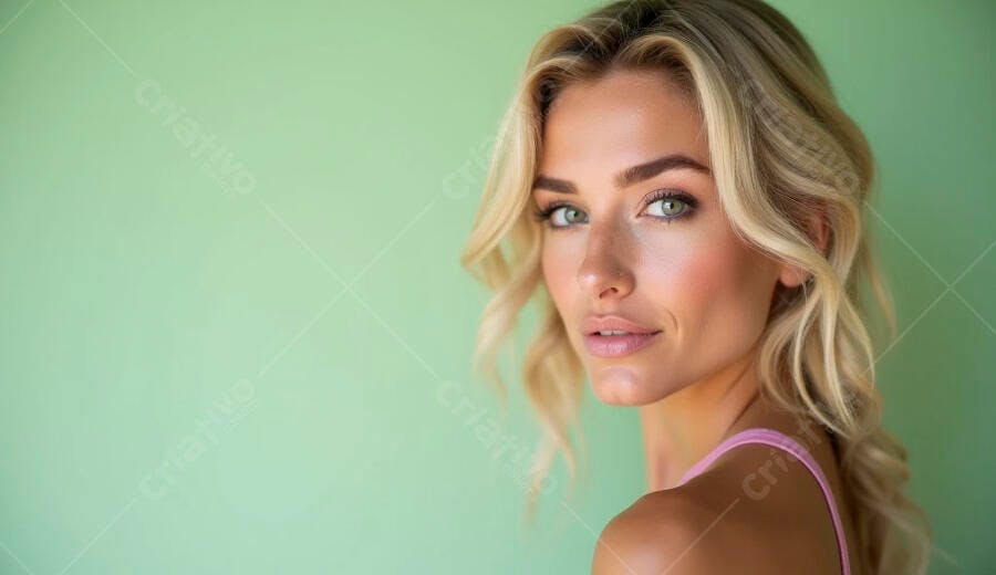 Mulher loira de beleza natural com olhos verdes sobre fundo verde menta