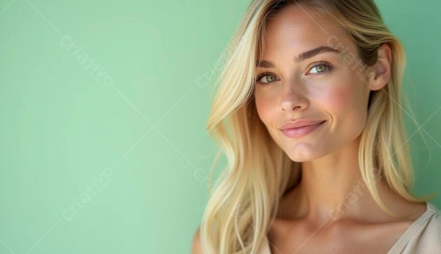 Mulher loira jovem com olhos verdes e sorriso suave em fundo verde menta