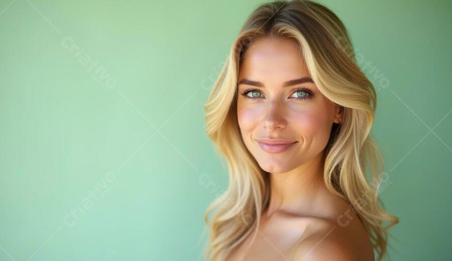 Mulher loira sorrindo com olhos azuis em fundo verde claro