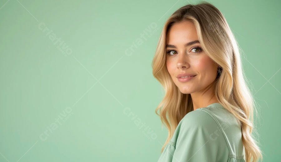Mulher loira sorrindo com blusa verde menta em fundo pastel