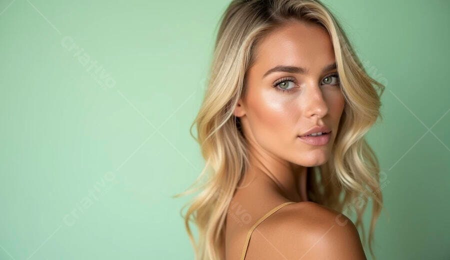Mulher caucasiana loira de olhos verdes e pele bronzeada em fundo verde menta