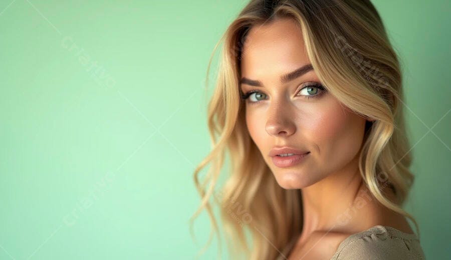 Mulher loira jovem de olhos verdes sorrindo em fundo verde menta