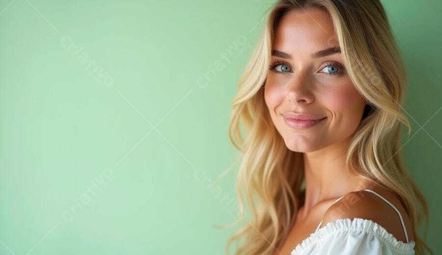 Mulher loira caucasiana feliz sorrindo em fundo verde menta
