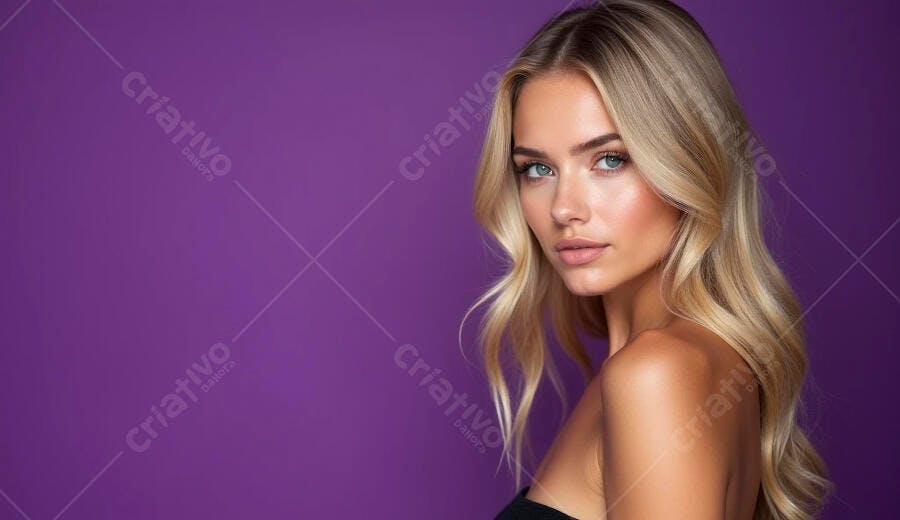 Mulher loira jovem caucasiana com olhos azuis profundos posando em estúdio roxo