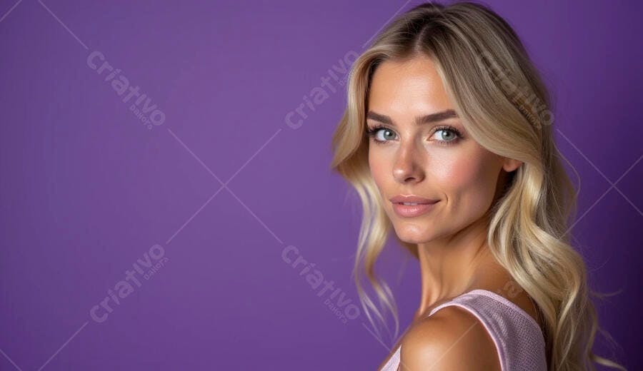 Mulher loira sorrindo com olhos verdes em fundo roxo lavanda