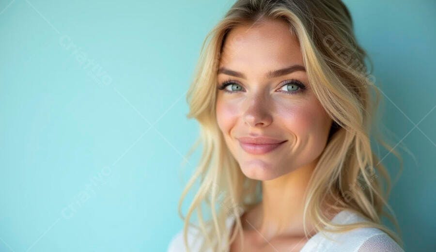 Mulher jovem loira de olhos azuis sorrindo contra parede azul-petróleo