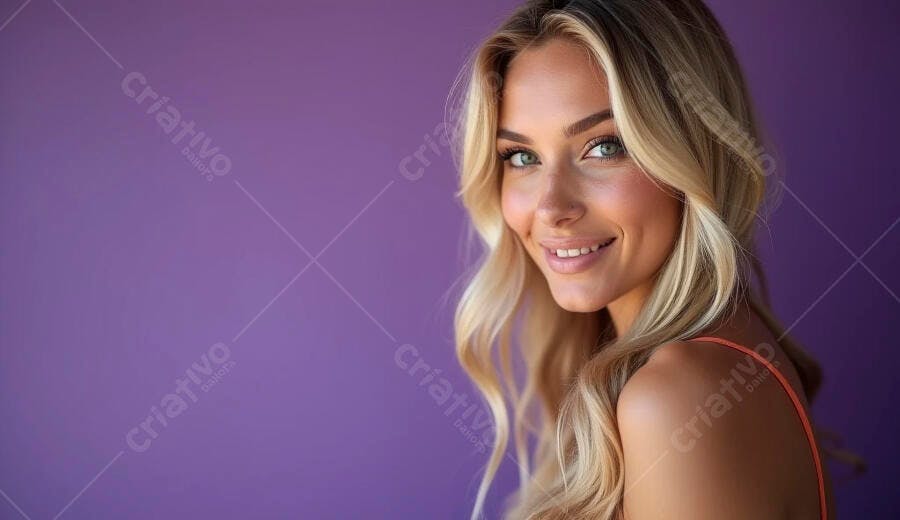 Mulher loira sorrindo com olhos verdes em fundo roxo vibrante