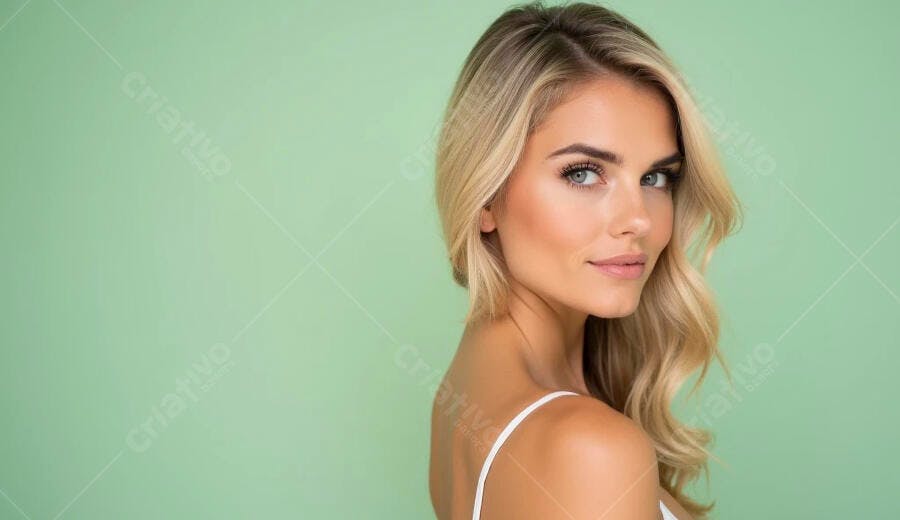 Mulher loira jovem com olhos azuis olhando para câmera em fundo verde menta