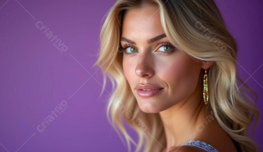 Mulher loira de olhos verdes sorrindo fundo roxo com brincos dourados