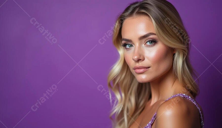Mulher loira caucasiana com maquiagem glamourosa em fundo roxo vibrante