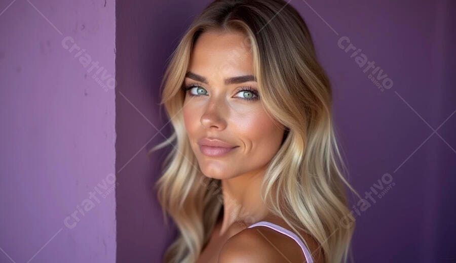 Mulher loira sorrindo com olhos verdes em fundo roxo