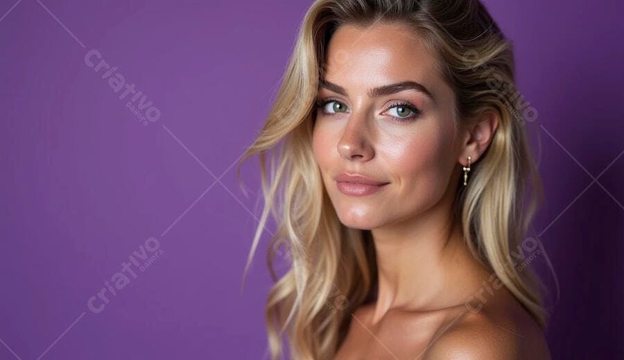 Mulher loira de olhos verdes sorrindo em fundo roxo vibrante