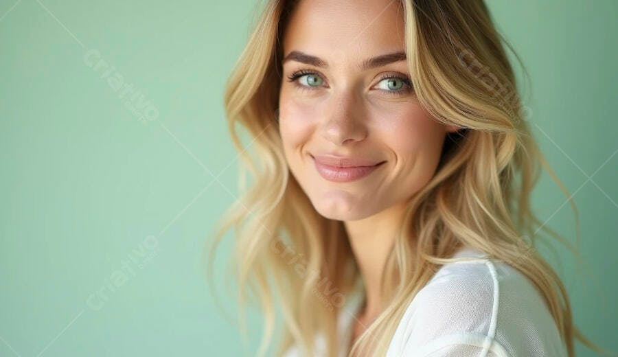 Mulher loira sorridente com olhos verdes em fundo verde-água claro