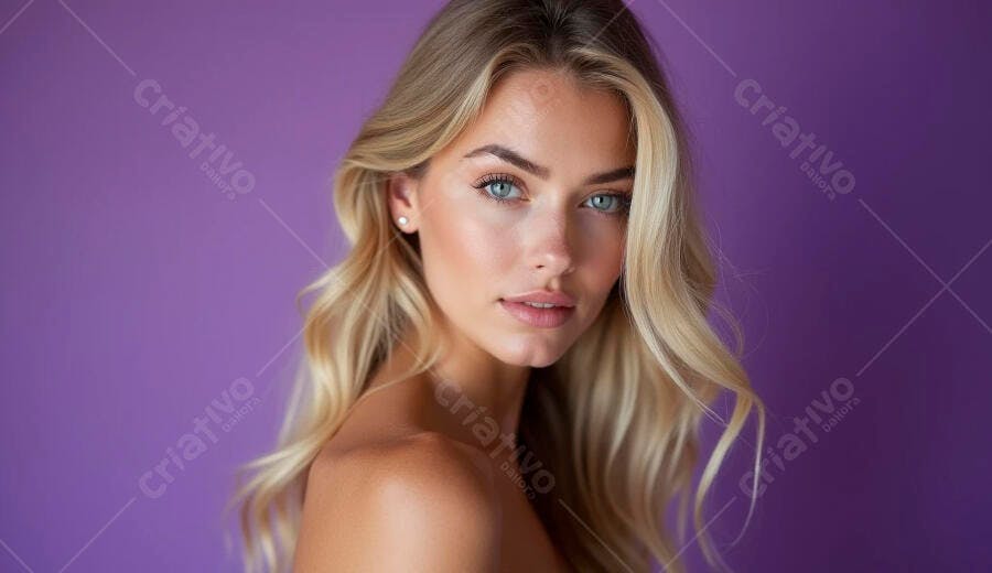Mulher loira jovem de olhos azuis e pele clara em fundo roxo lavanda