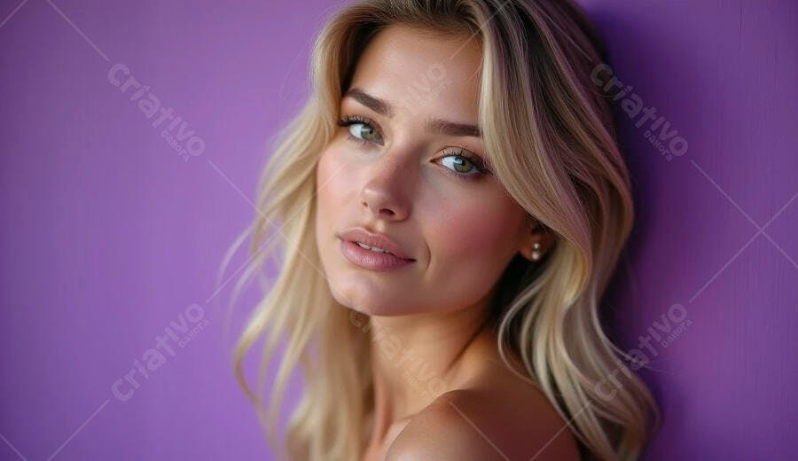 Mulher loira caucasiana com olhos verdes sorrindo em fundo roxo vibrante