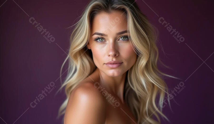 Mulher loira de olhos verdes pele bronzeada e olhar confiante com fundo roxo
