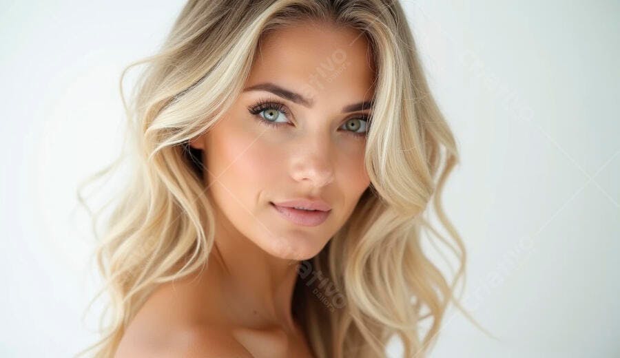 Mulher loira caucasiana com olhos verdes e cabelo ondulado claro em retrato de beleza