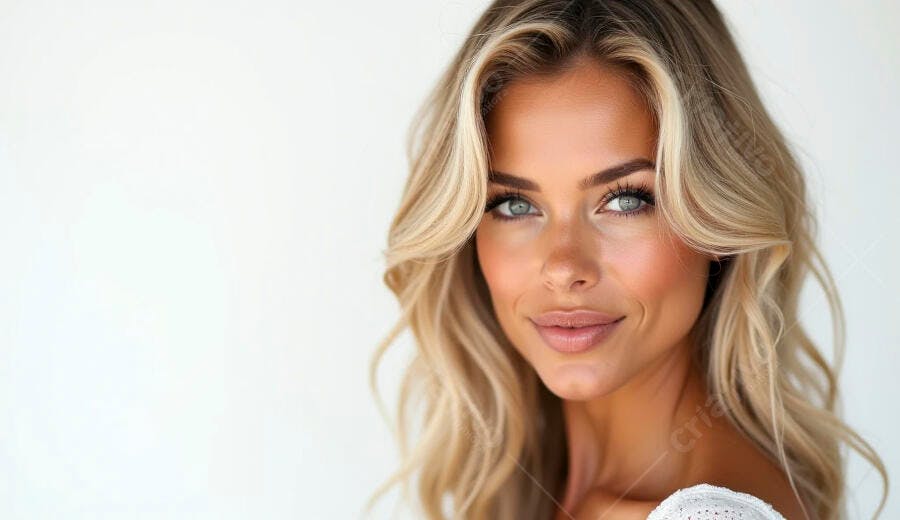 Mulher loira sorrindo com olhos azuis em estúdio branco