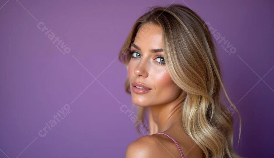 Mulher loira atraente de olhos verdes sorrindo sobre o ombro em fundo roxo studio